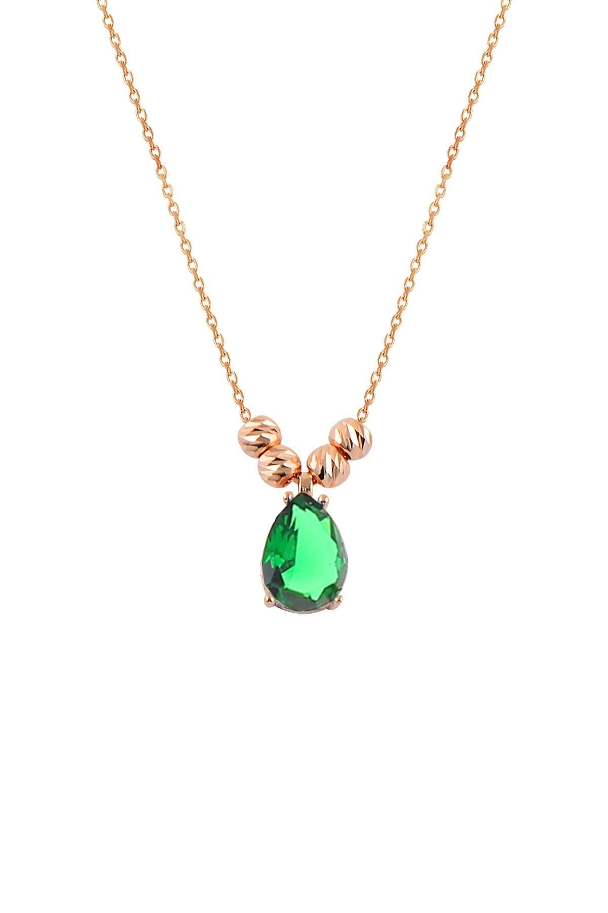 Gümüş rose kök zümrüt taşlı doricalı damla kolye  SGTL11140YESIL