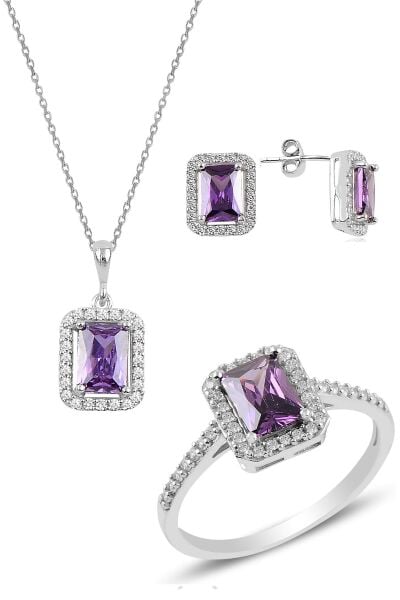 Gümüş rodyumlu ametist   baget taşlı üçlü set SGTL10733MOR