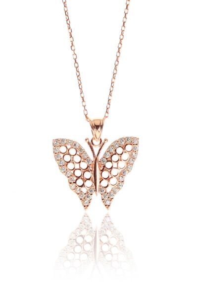 Gümüş rose zirkon taşlı kelebek kolye SGTL9304