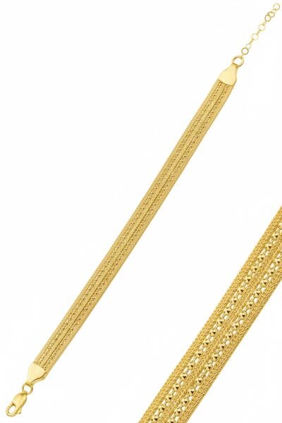 925 Ayar Gümüş Bileklik Altın Kaplama 5 sıra Top Zincirli Midyat Hasırı Bileklik SGTL12504GOLD