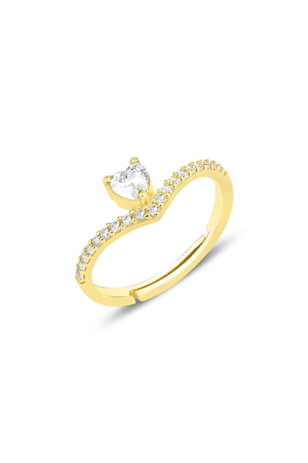 Gümüş altın yaldızlı zirkon taşlı kalp modeli ayarlamalı yüzük SGTL12151GOLD