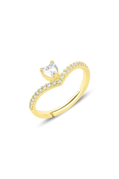 Gümüş altın yaldızlı zirkon taşlı kalp modeli ayarlamalı yüzük SGTL12151GOLD
