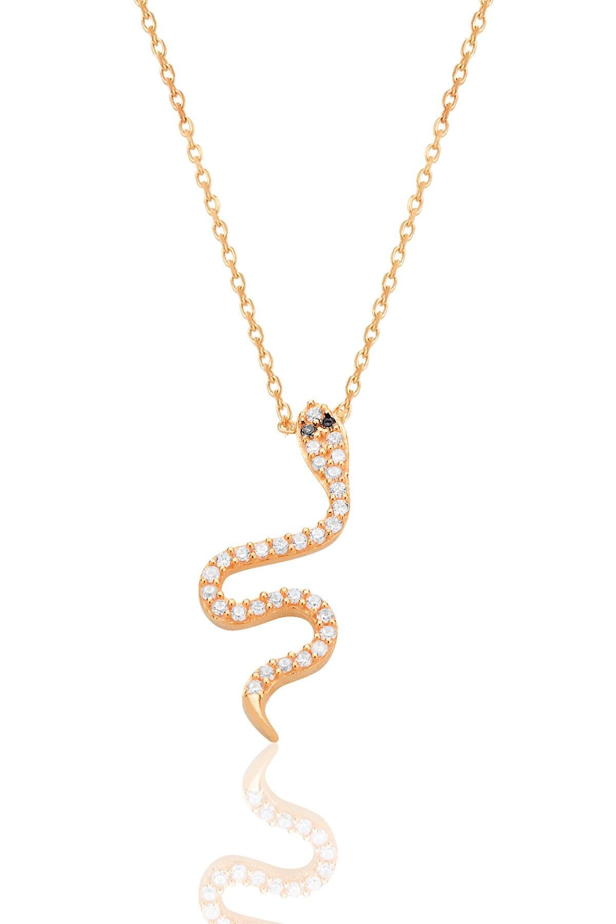 Gümüş rose zirkon taşlı yılan kolye SGTL12556ROSE