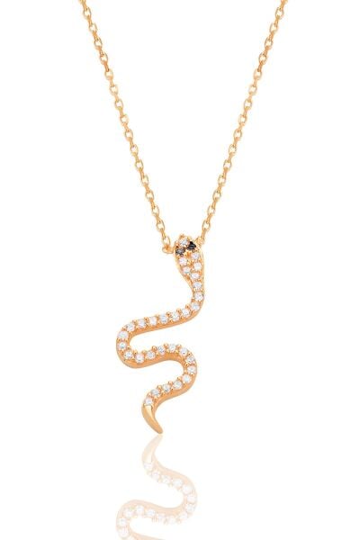 Gümüş rose zirkon taşlı yılan kolye SGTL12556ROSE