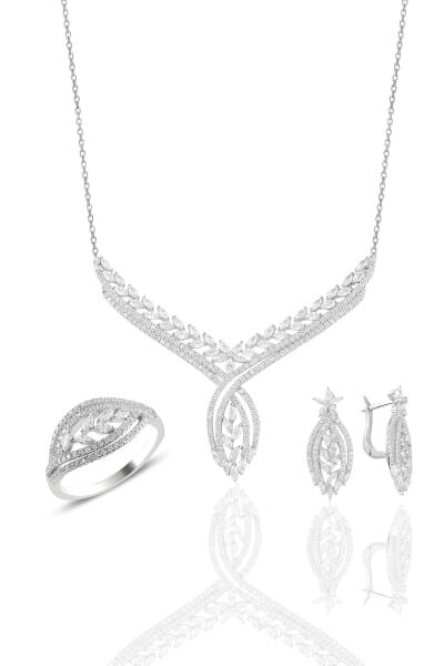 Gümüş rodyumlu  pırlanta modeli beyaz altın görünümlü kolye küpe ve yüzük seti SGTL10943