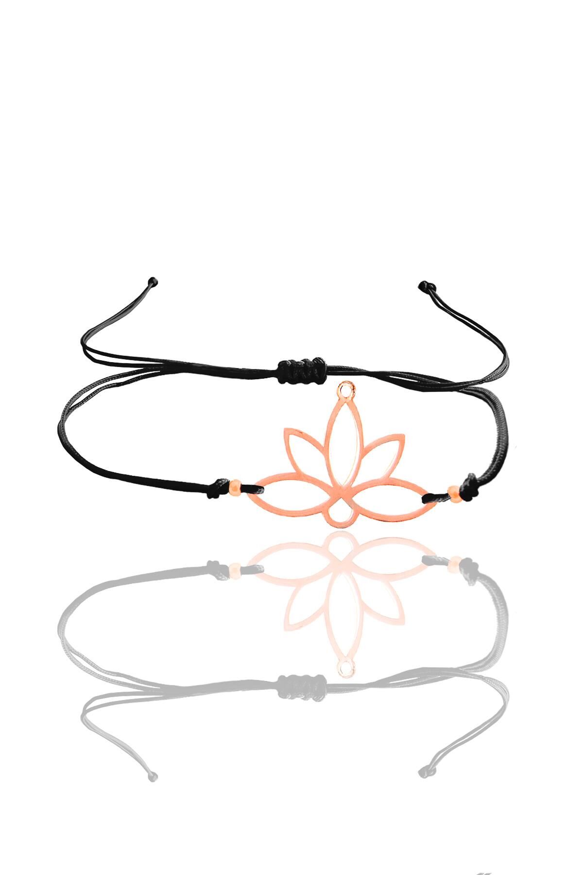 Gümüş lotus rose yaşam çiçeği siyah ipli bileklik SGTL12060ROSE