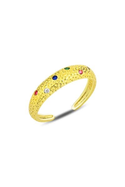 Gümüş altın yaldızlı renkli taşlı modern tasarımlı ayarlamalı yüzük SGTL12168GOLD