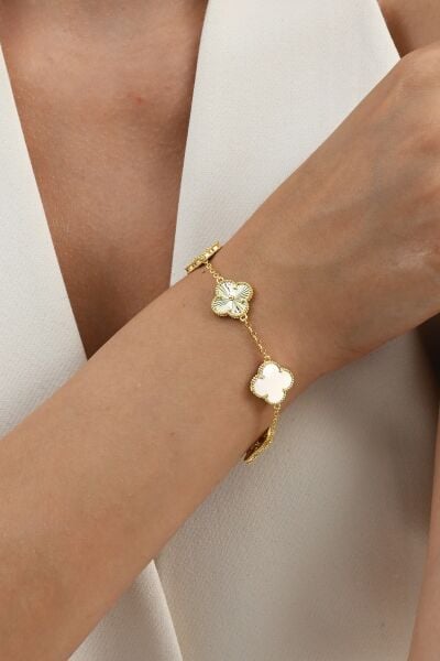 Gümüş altın yaldızlı sedef taşlı tasarım yonca bileklik SGTL12560BEYAZ