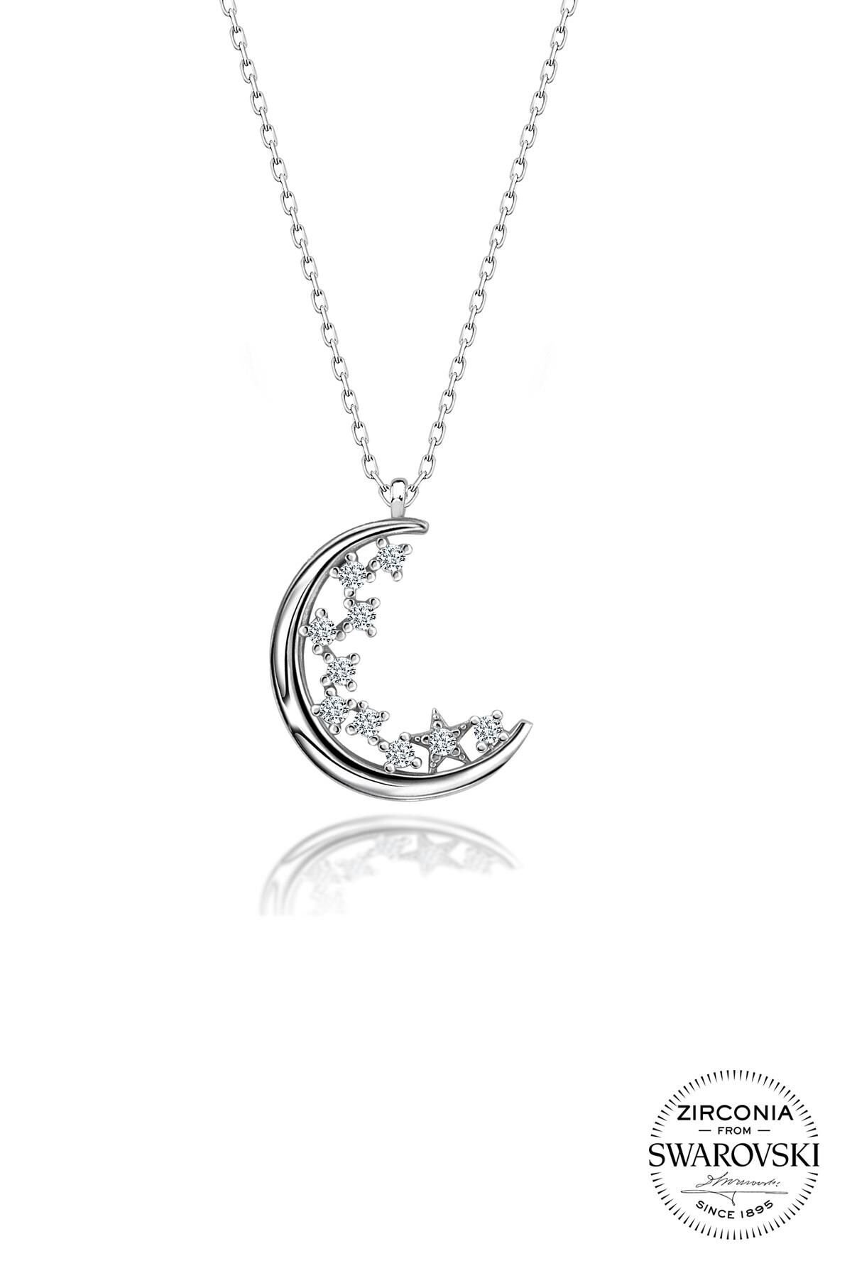 Gümüş Swarovski taşlı pırlanta modeli ay kolye SGTL20525