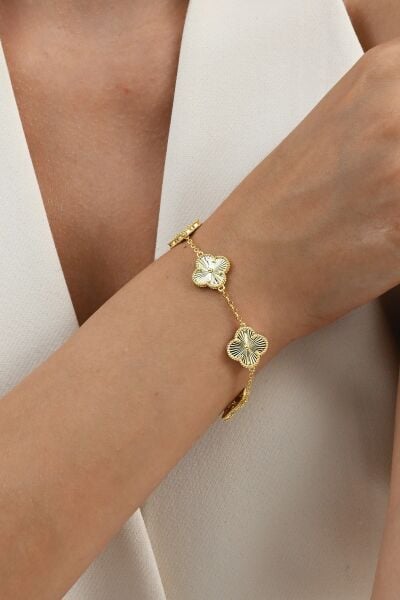 Gümüş altın yaldızlı lazerli tasarım yonca bileklik SGTL12560GOLD