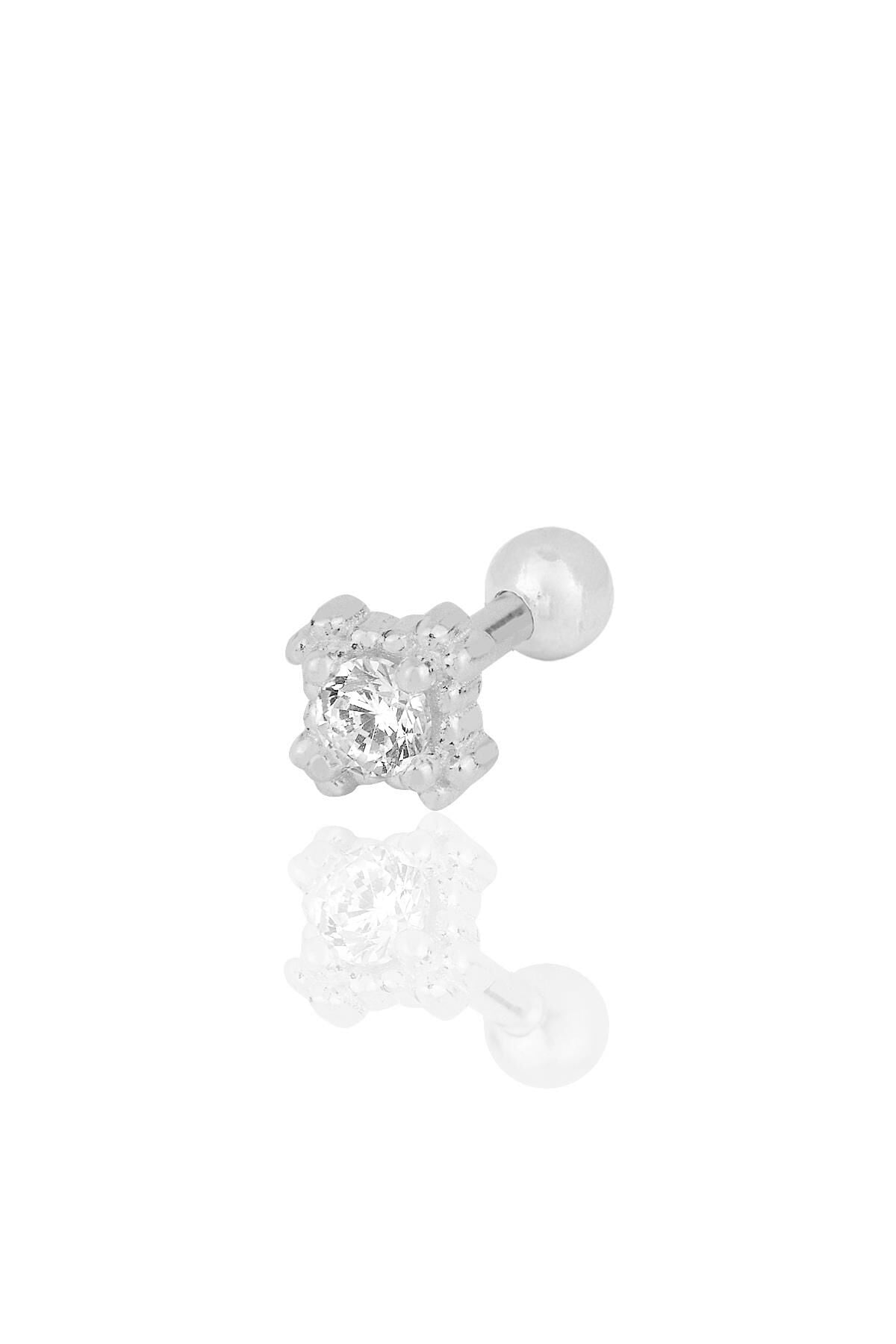 Gümüş rodyumlu zirkon tek taşlı Tragus helix Piercing küpe SGTL12199RODAJ