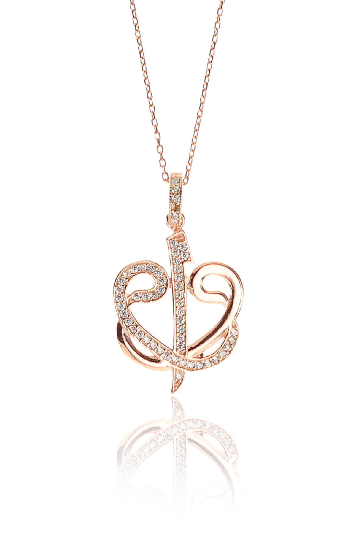 Gümüş rose zirkon taşlı çift vav ve elif harfi kolye SGTL9316