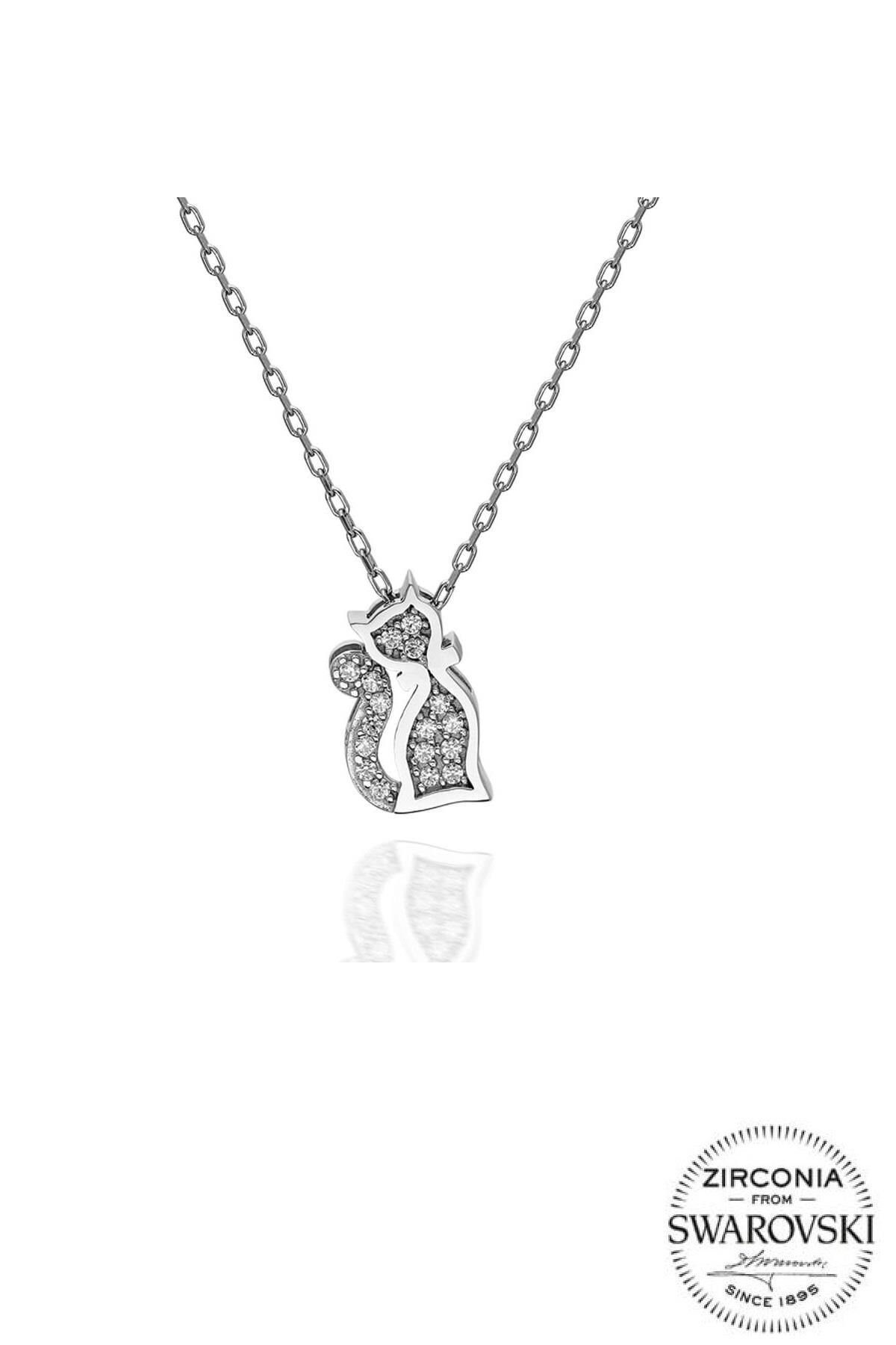 Gümüş Swarovski taşlı pırlanta modeli kedi kolye SGTL20528