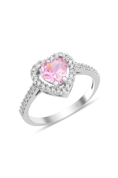 Gümüş rodyumlu pembe taşlı pırlanta montürlü Kalp modeli yüzük SGTL12081PEMBE
