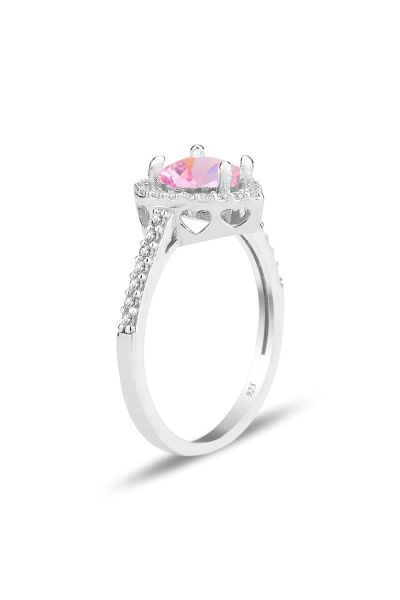 Gümüş rodyumlu pembe taşlı pırlanta montürlü Kalp modeli yüzük SGTL12081PEMBE