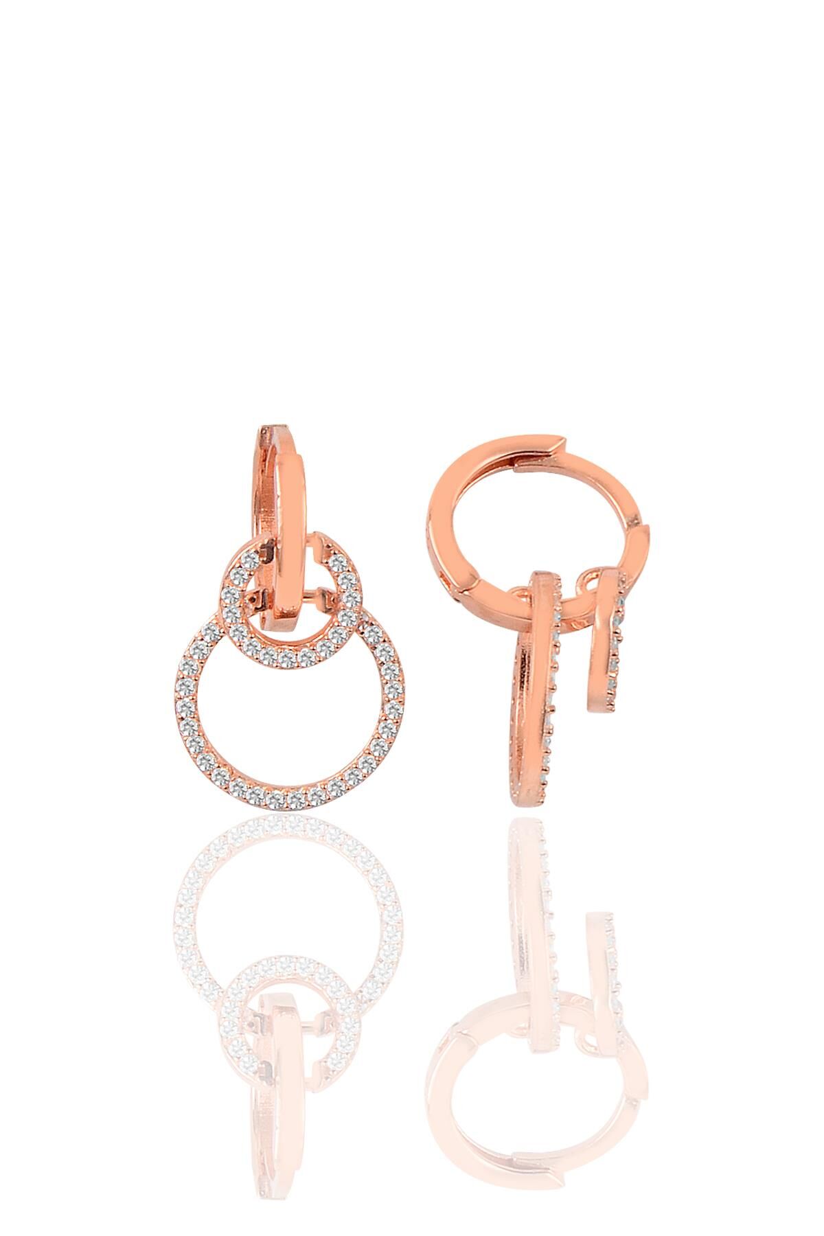 Gümüş zirkon taşlı ikili halka model Rose Kaplama Gümüş Küpe SGTL9483