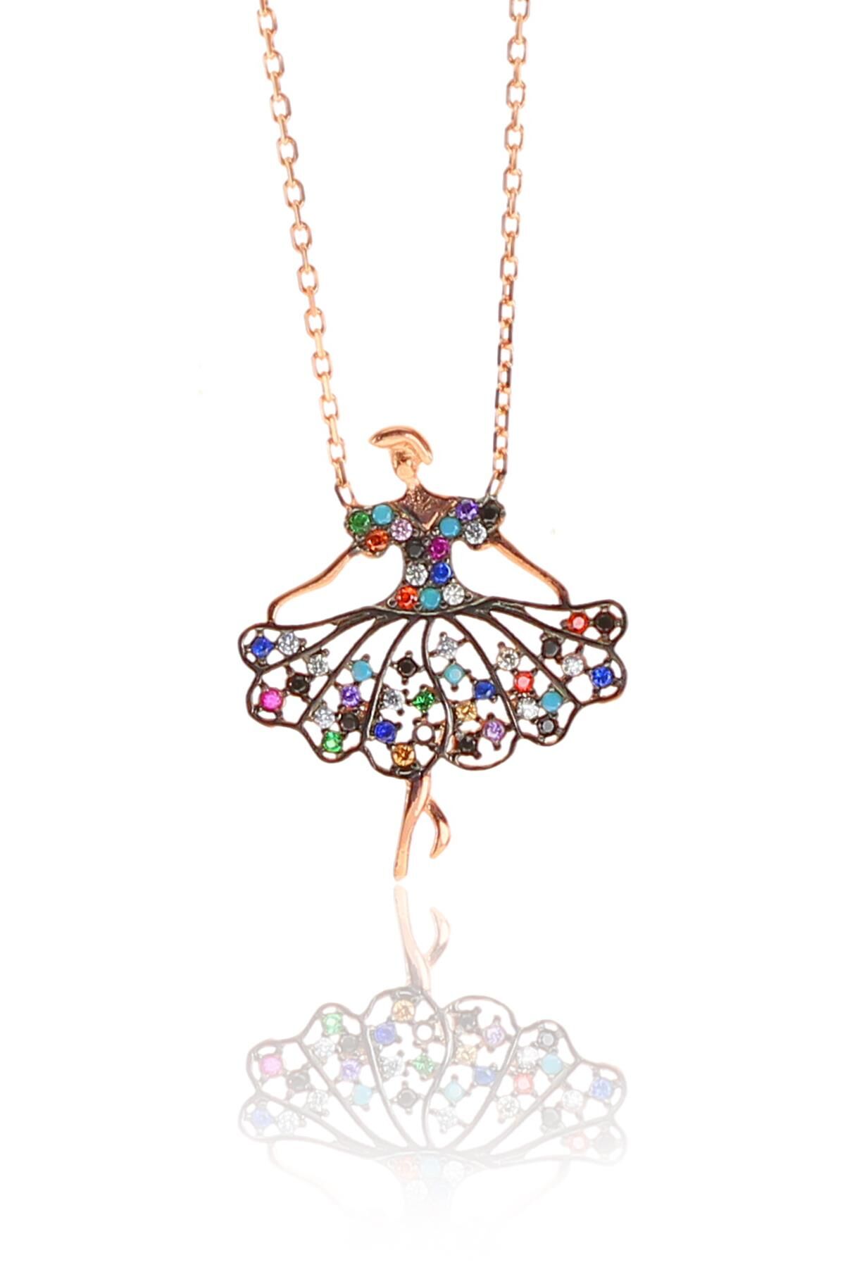 Gümüş rose renkli taşlı balerin kız kolye SGTL9319