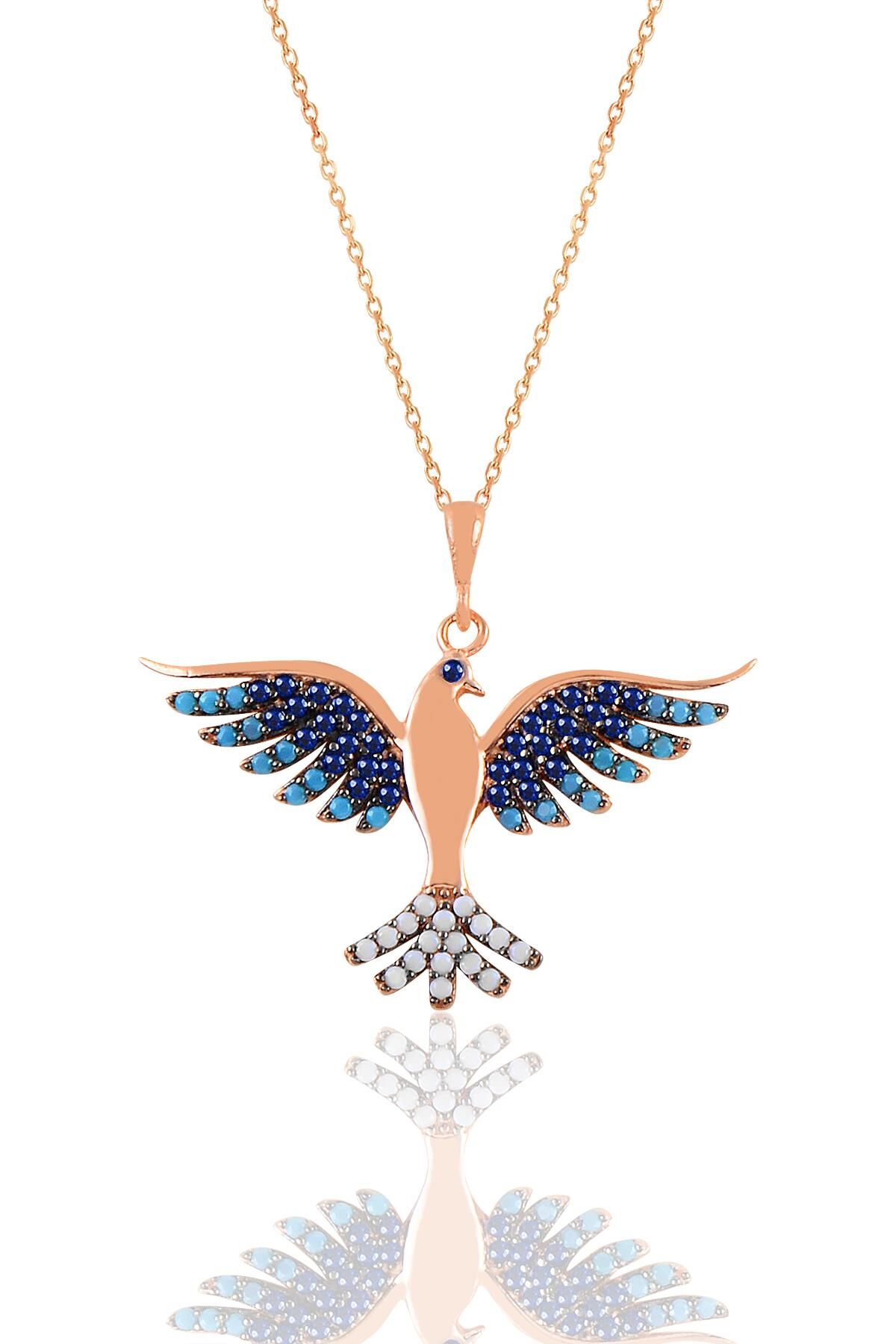 Gümüş rose safir ve akuamarin taşlı simurg anka kuşu kolye  SGTL11131ROSE