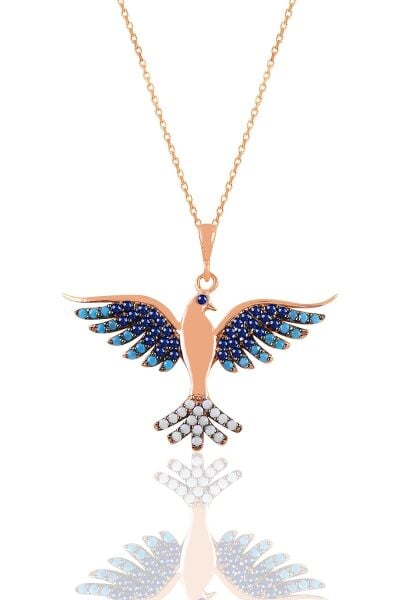 Gümüş rose safir ve akuamarin taşlı simurg anka kuşu kolye  SGTL11131ROSE