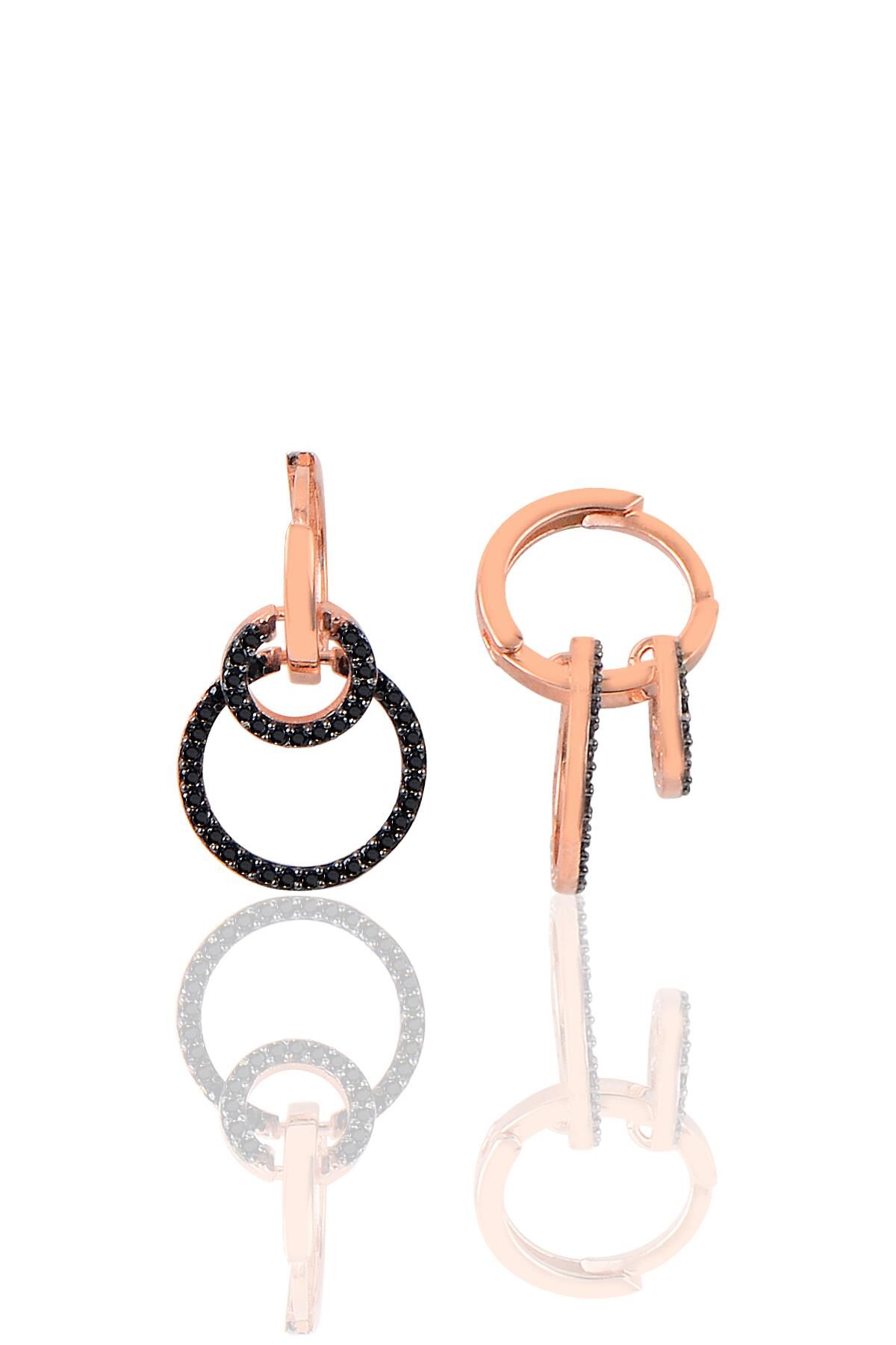 Gümüş siyah taşlı ikili halka model Rose Kaplama Gümüş Küpe SGTL9484