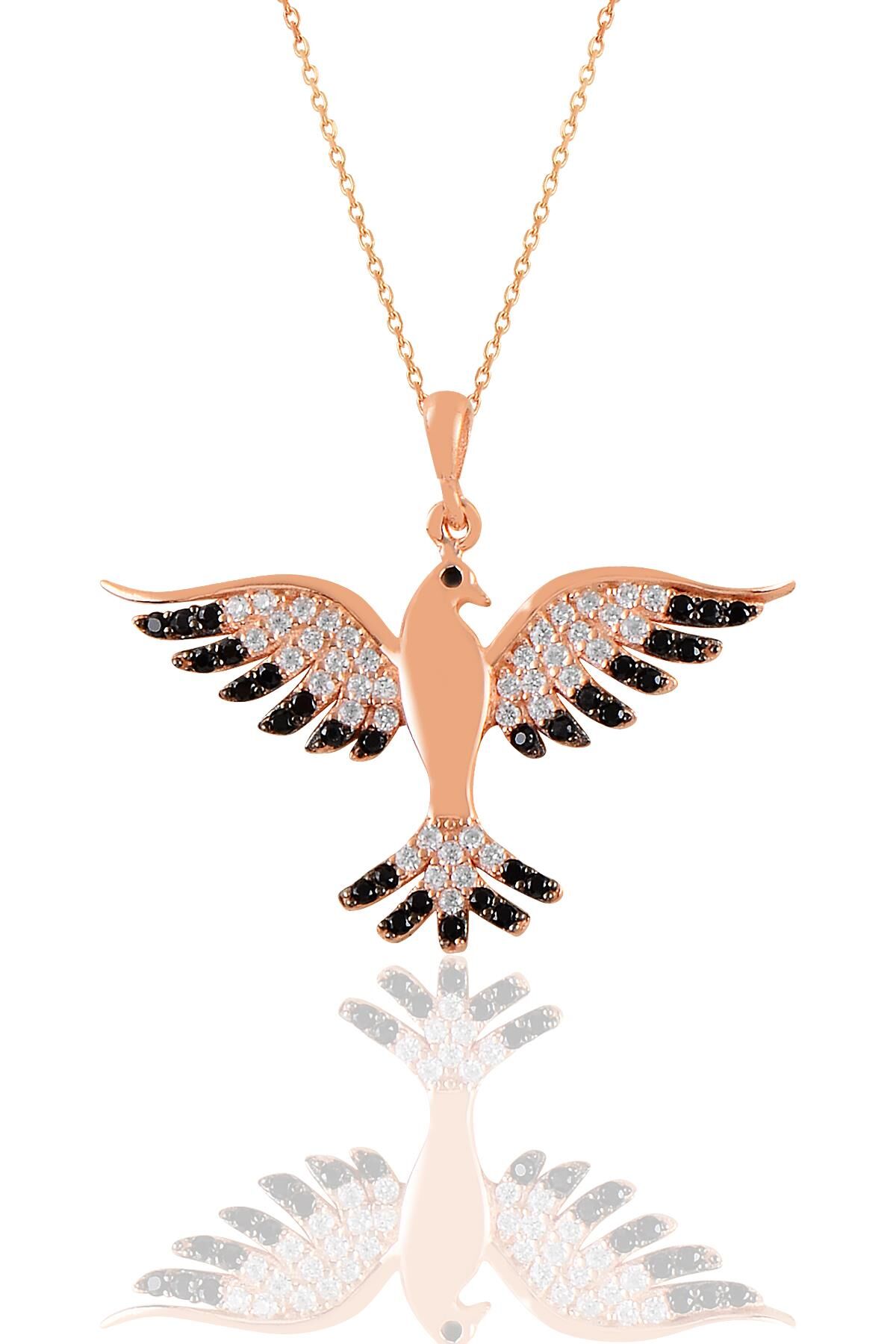 Gümüş rose oniks  taşlı simurg anka kuşu kolye  SGTL11130ROSE