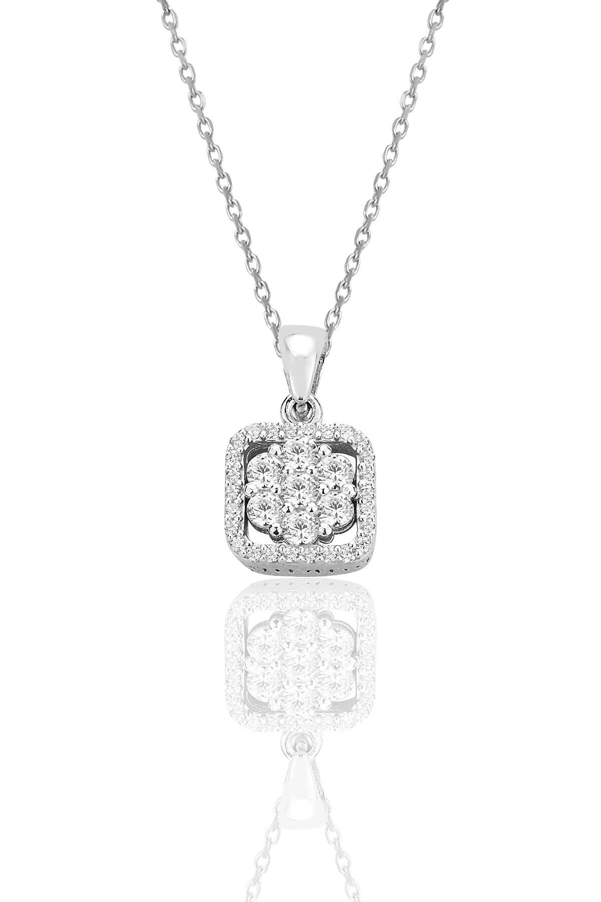 Gümüş rodyumlu zirkon taşlı pırlanta montür tasarım kare kolye SGTL12568RODAJ