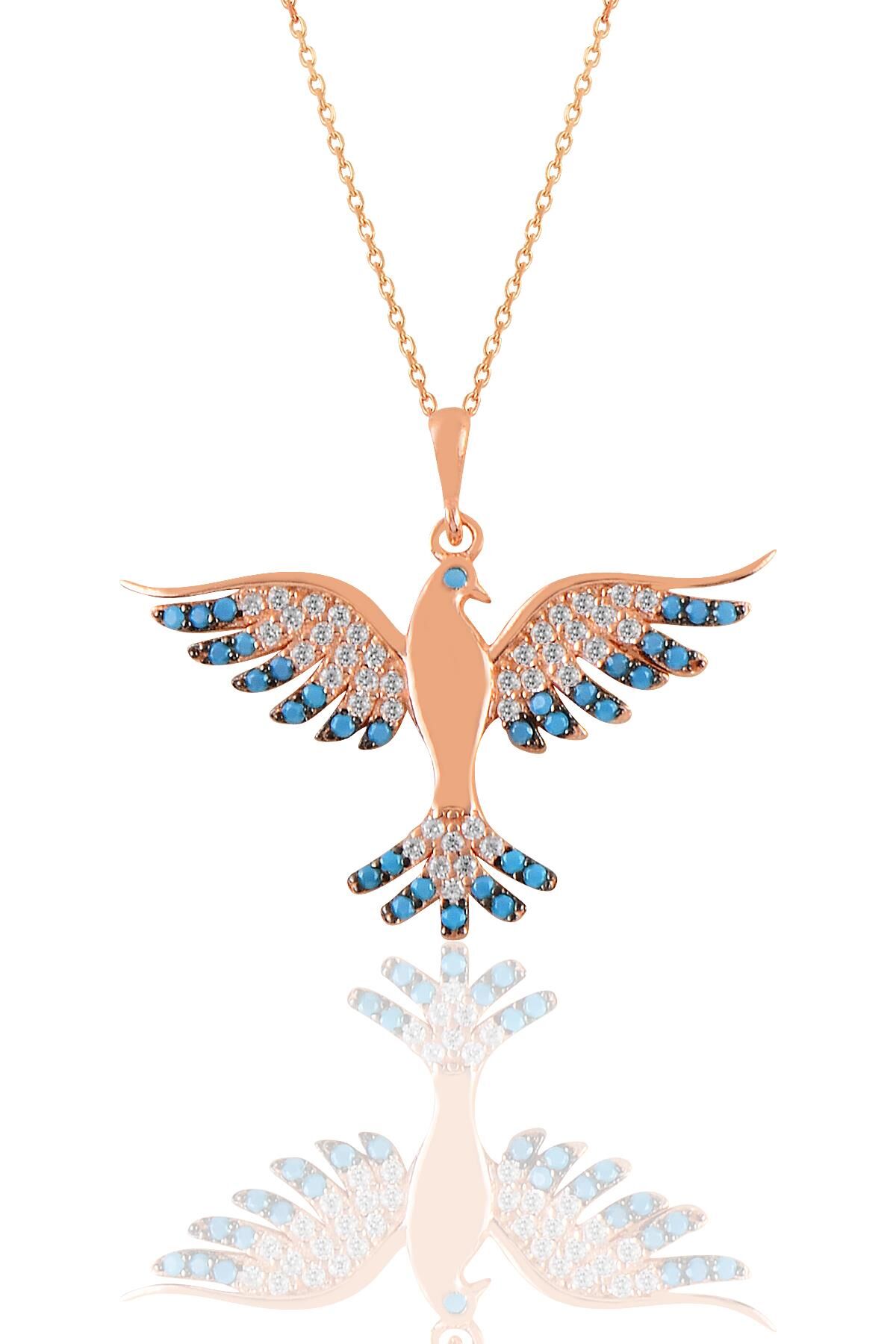 Gümüş rose turkuaz  taşlı simurg anka kuşu kolye  SGTL11129ROSE