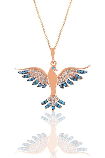 Gümüş rose turkuaz  taşlı simurg anka kuşu kolye  SGTL11129ROSE
