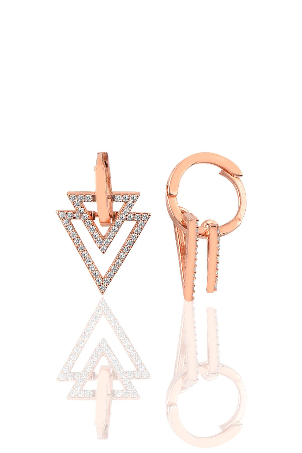 Gümüş zirkon taşlı ikili üçgen  model  Rose kaplama Gümüş küpe SGTL9487