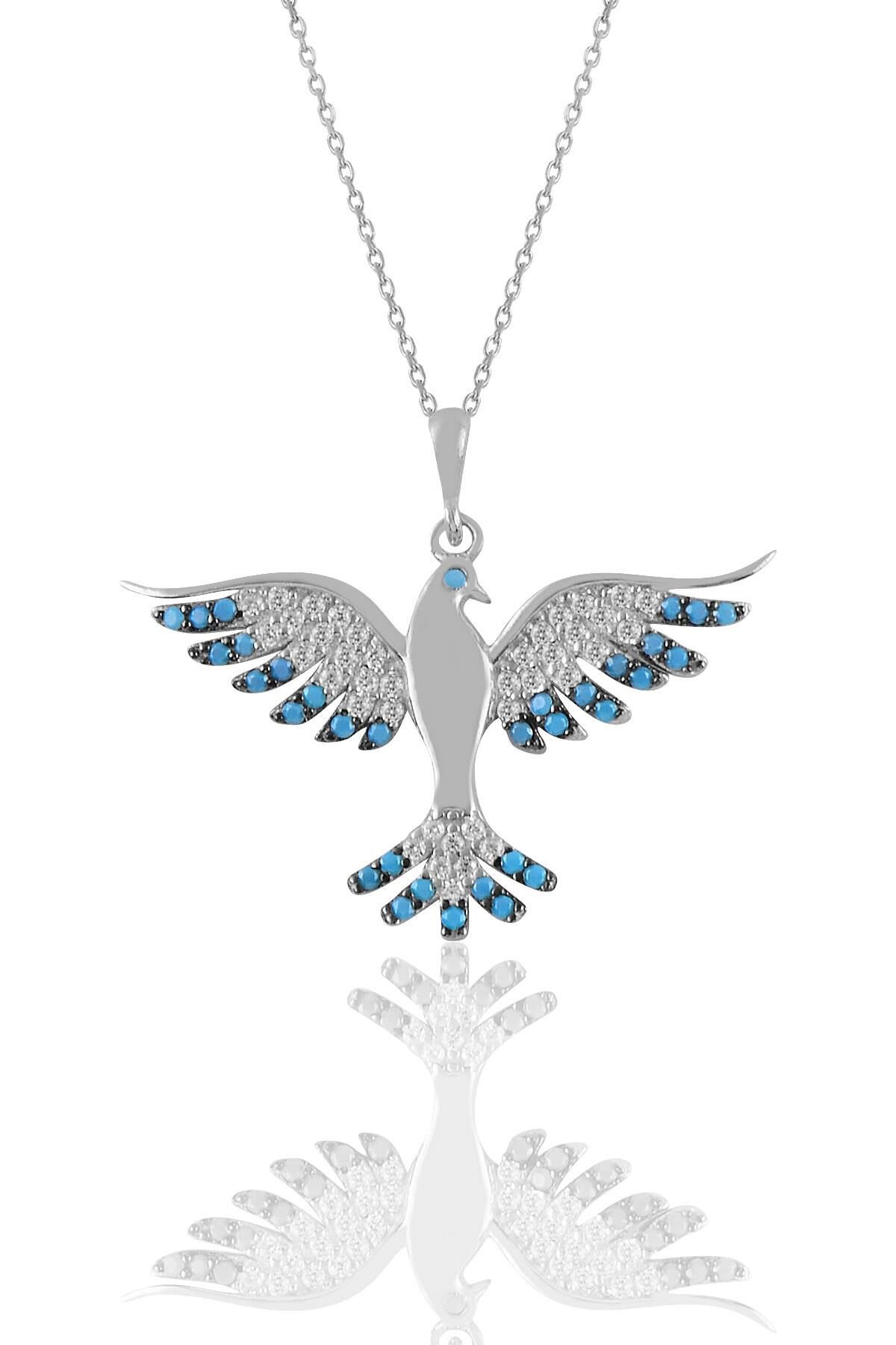 Gümüş rodyumlu turkuaz taşlı simurg anka kuşu kolye  SGTL11129RODAJ