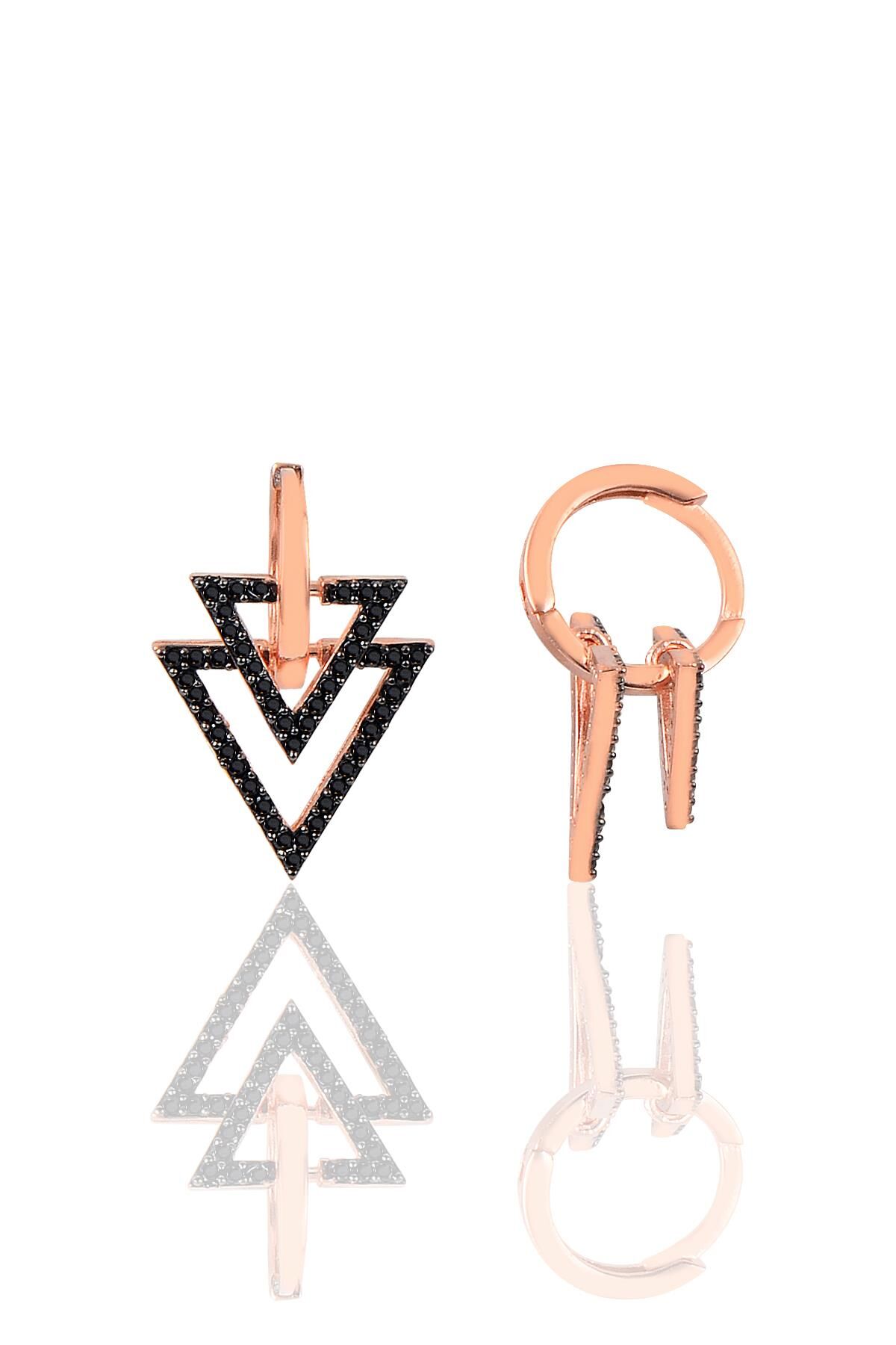 Gümüş siyah taşlı ikili üçgen model halka küpe SGTL9488