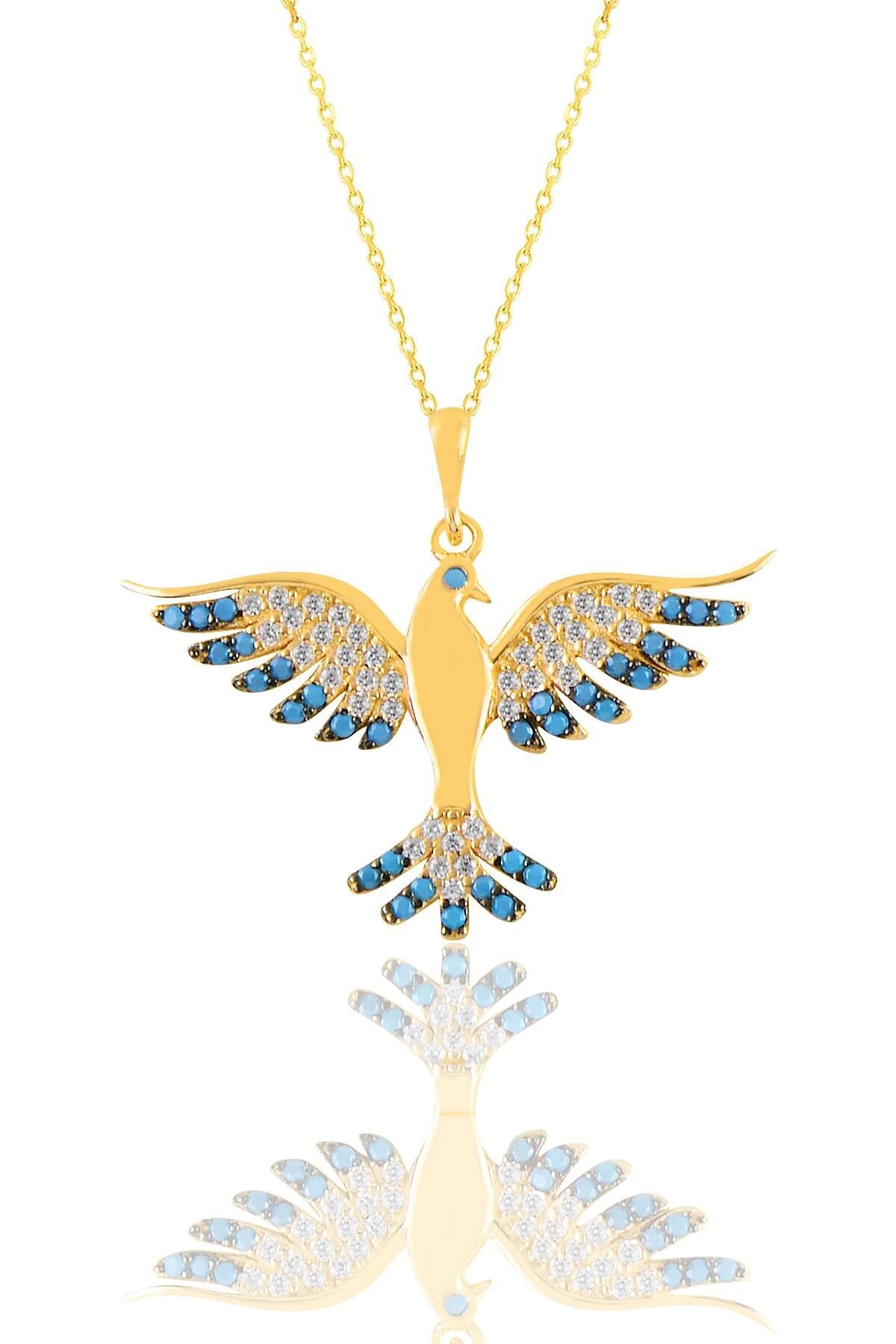Gümüş altın yaldızlı turkuaz  taşlı simurg anka kuşu kolye  SGTL11129GOLD