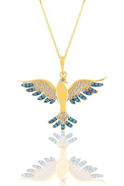 Gümüş altın yaldızlı turkuaz  taşlı simurg anka kuşu kolye  SGTL11129GOLD