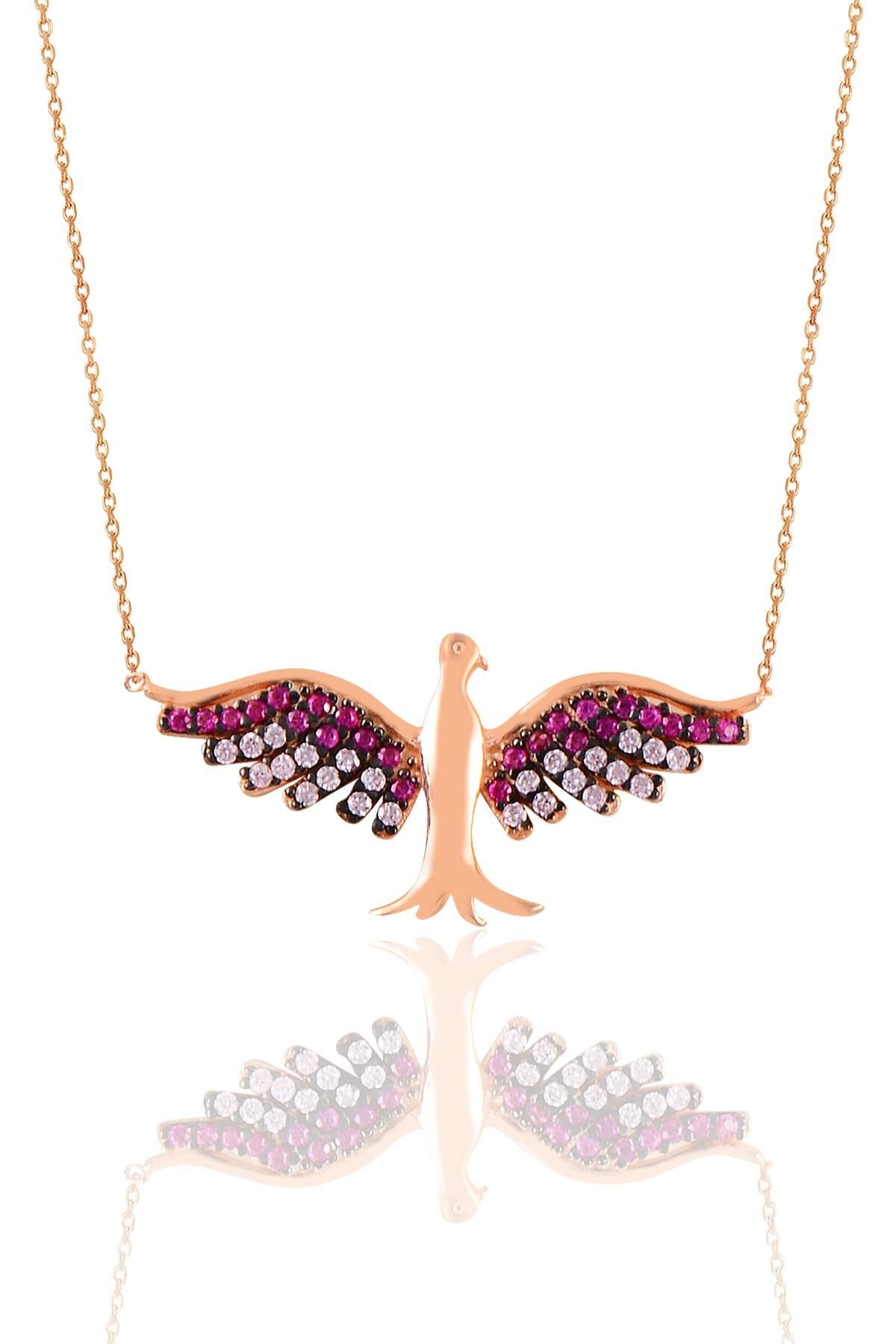 Gümüş rose fuşya taşlı simurg anka kuşu kolye  SGTL11128ROSE