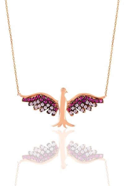 Gümüş rose fuşya taşlı simurg anka kuşu kolye  SGTL11128ROSE