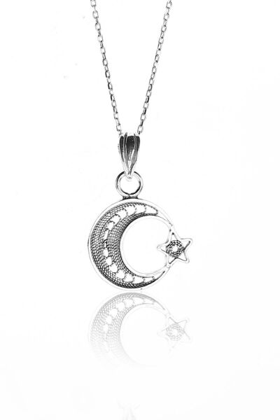 Gümüş oksitli telkari modeli ayyıldız kolye SGTL9333