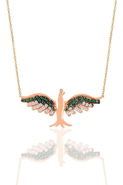 Gümüş rose kök zümrüt taşlı simurg anka kuşu kolye  SGTL11127ROSE