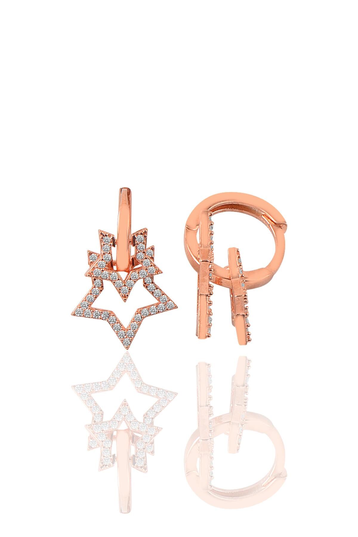 Gümüş zirkon taşlı  İkili Yıldız Model Rose Kaplama Gümüş Küpe  SGTL9491