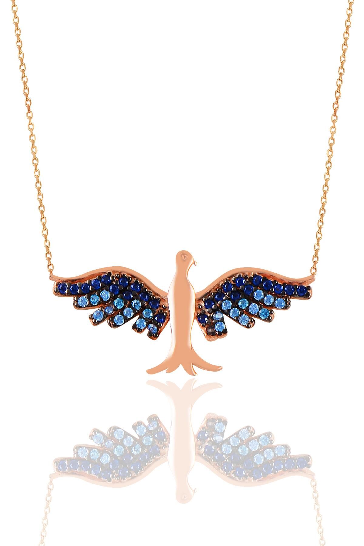 Gümüş rose safir ve akuamarin taşlı simurg anka kuşu kolye SGTL11125ROSE
