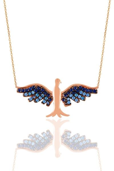Gümüş rose safir ve akuamarin taşlı simurg anka kuşu kolye SGTL11125ROSE