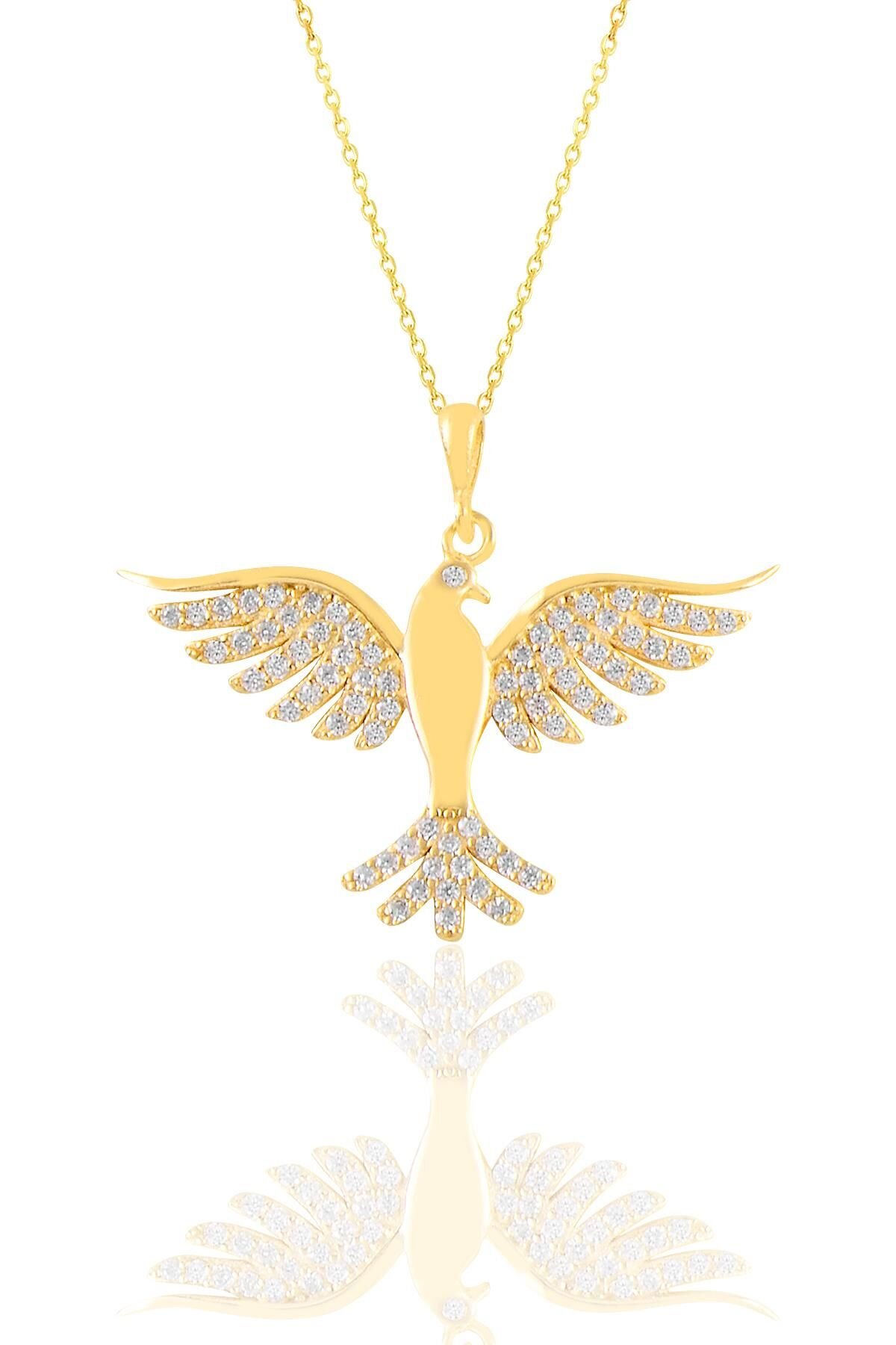 Gümüş altın yaldızlı zirkon taşlı simurg anka kuşu kolye SGTL11124GOLD
