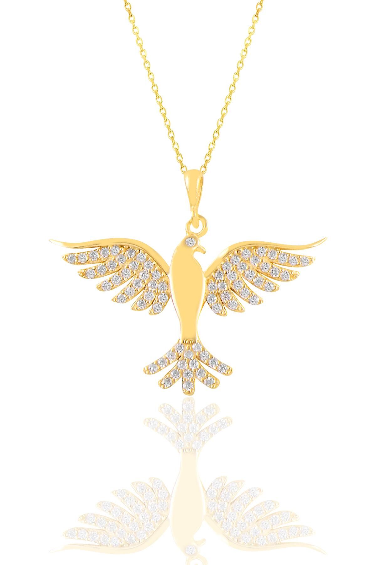 Gümüş altın yaldızlı zirkon taşlı simurg anka kuşu kolye SGTL11124GOLD