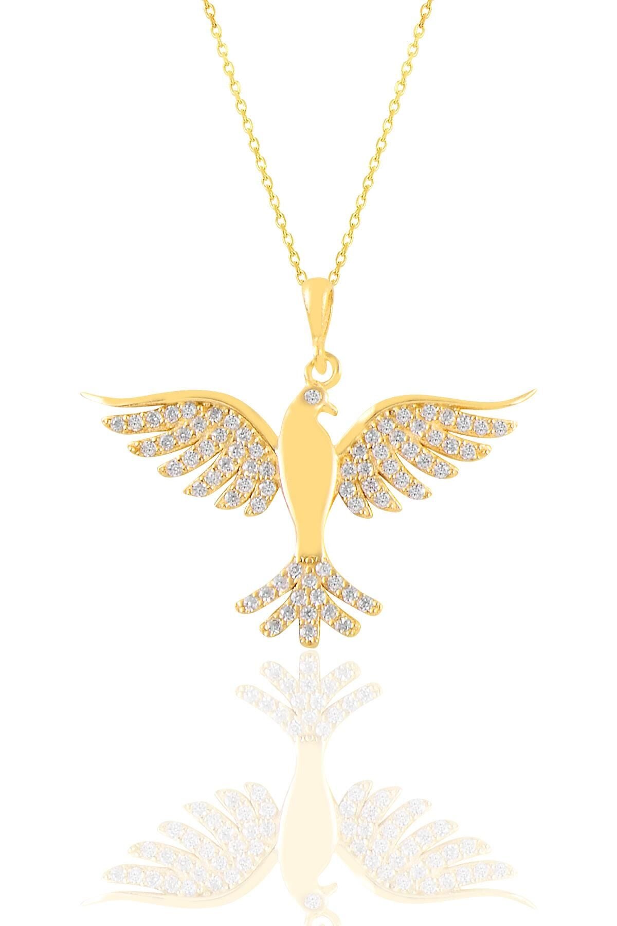 Gümüş altın yaldızlı zirkon taşlı simurg anka kuşu kolye SGTL11124GOLD