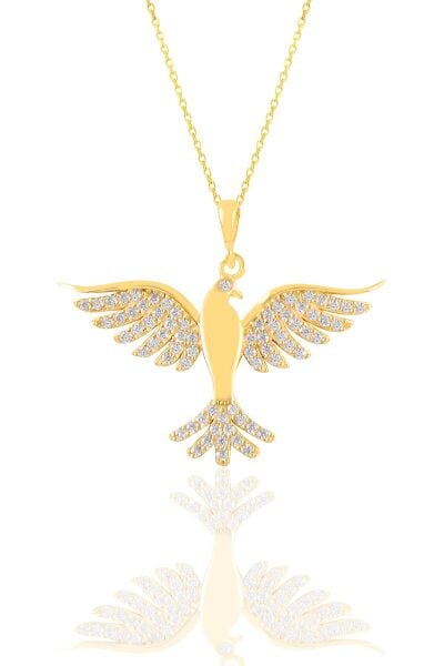 Gümüş altın yaldızlı zirkon taşlı simurg anka kuşu kolye SGTL11124GOLD
