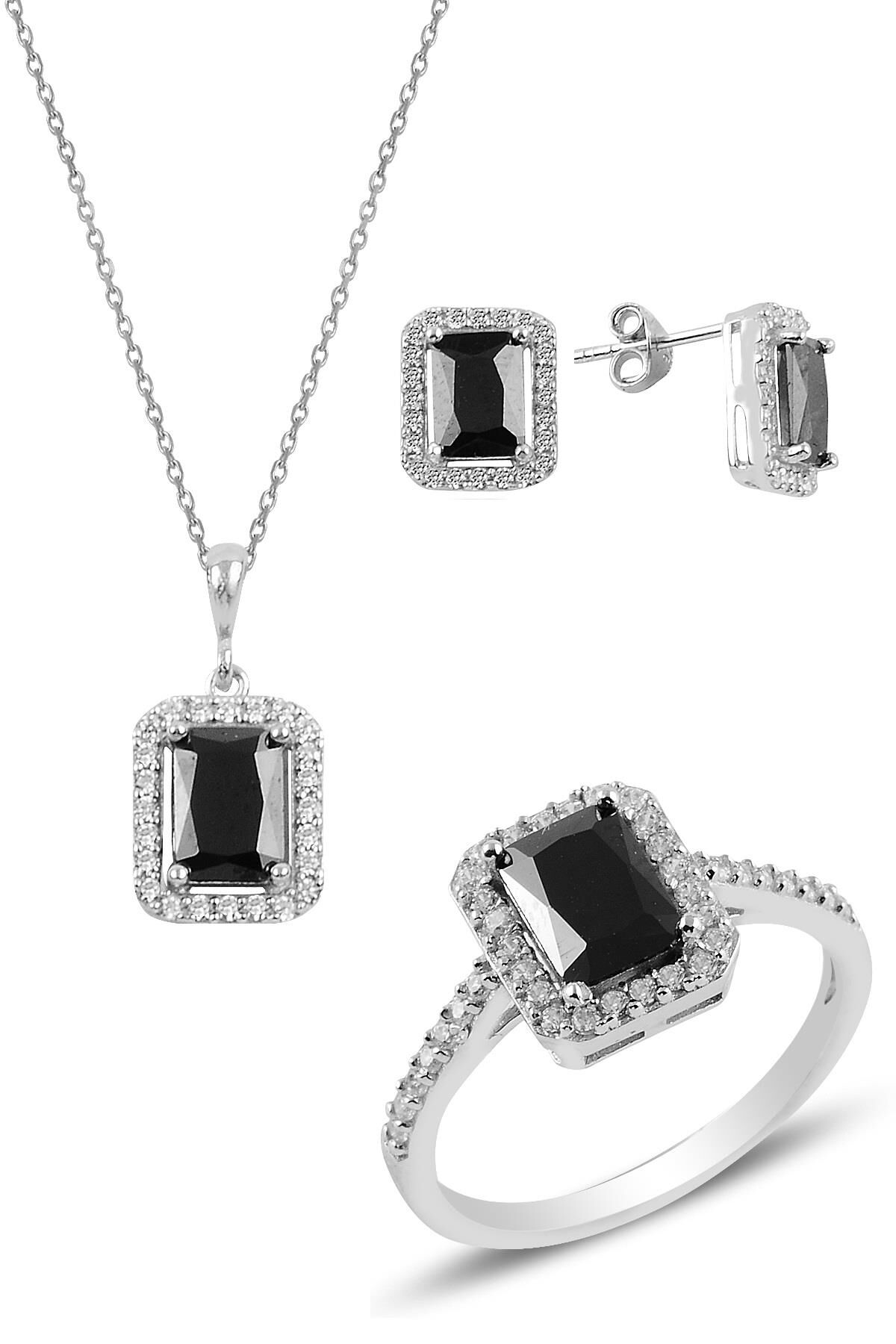 Gümüş rodyumlu onix  baget taşlı üçlü set SGTL10733SYH