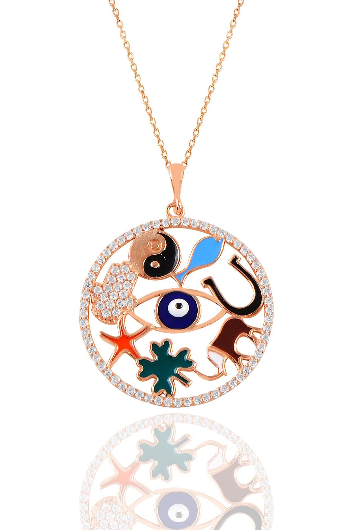 Gümüş rose mineli uğur ve şans kolyesi SGTL11119ROSE