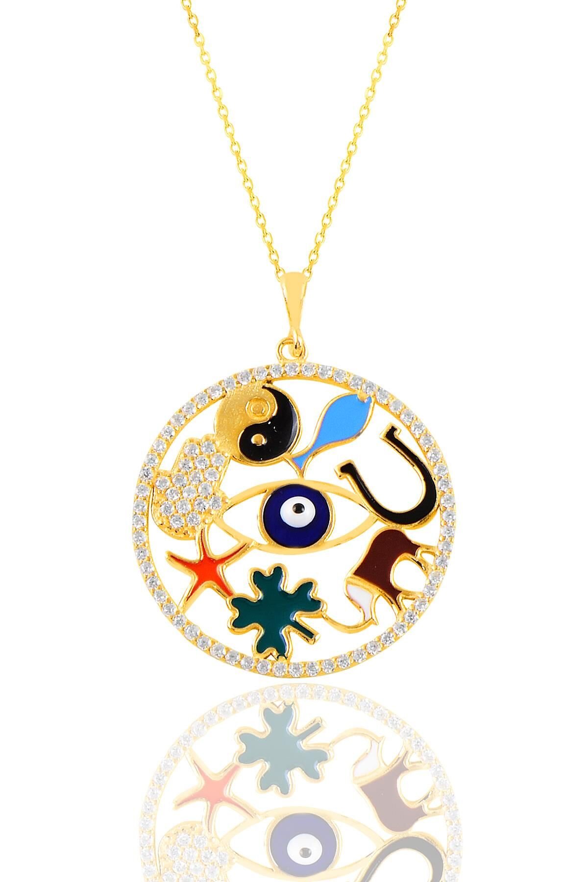 Gümüş altın yaldızlı mineli uğur ve şans kolyesi SGTL11119GOLD
