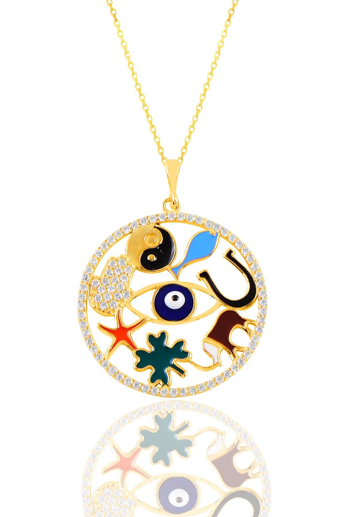Gümüş altın yaldızlı mineli uğur ve şans kolyesi SGTL11119GOLD