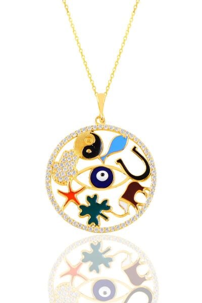 Gümüş altın yaldızlı mineli uğur ve şans kolyesi SGTL11119GOLD