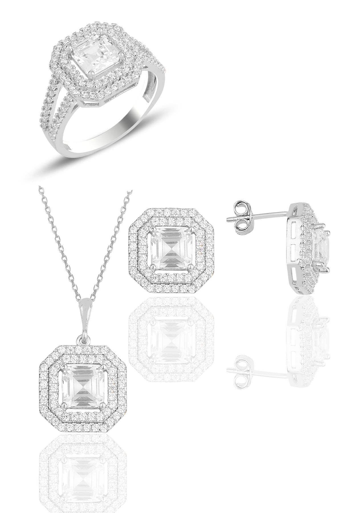 Gümüş rodyumlu özel tasarım baget kesim zirkon taşlı üçlü set SGTL11563RODAJ